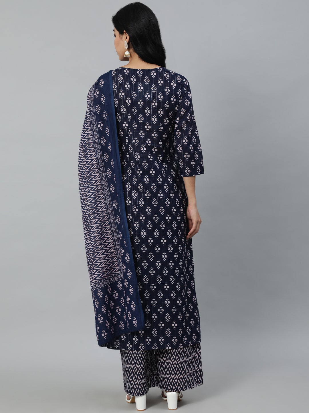 Women Navy Blue Ethnic Motifs Printed Pure Cotton Kurta With Trouser And Dupatta | LASVINI - Redefining Indian Fashion with Elegance