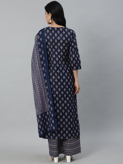 Women Navy Blue Ethnic Motifs Printed Pure Cotton Kurta With Trouser And Dupatta | LASVINI - Redefining Indian Fashion with Elegance