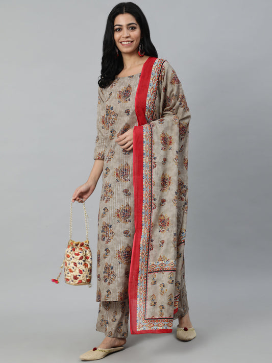 Women Grey Printed Straight Kurta With Plazo & Dupatta | LASVINI - Redefining Indian Fashion with Elegance