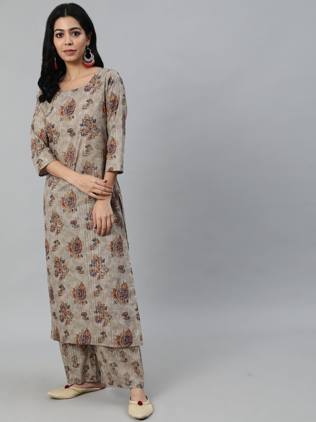Women Grey Printed Straight Kurta With Plazo & Dupatta | LASVINI - Redefining Indian Fashion with Elegance