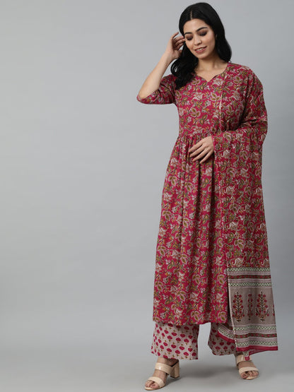 Women Burgundy Printed Flared Kurta With Trouser & Dupatta | LASVINI - Redefining Indian Fashion with Elegance