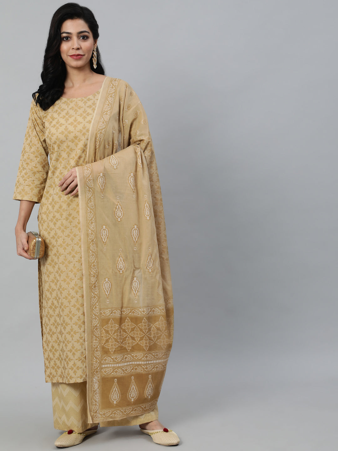 Women Beige Printed Straight Kurta With Plazo | LASVINI - Redefining Indian Fashion with Elegance