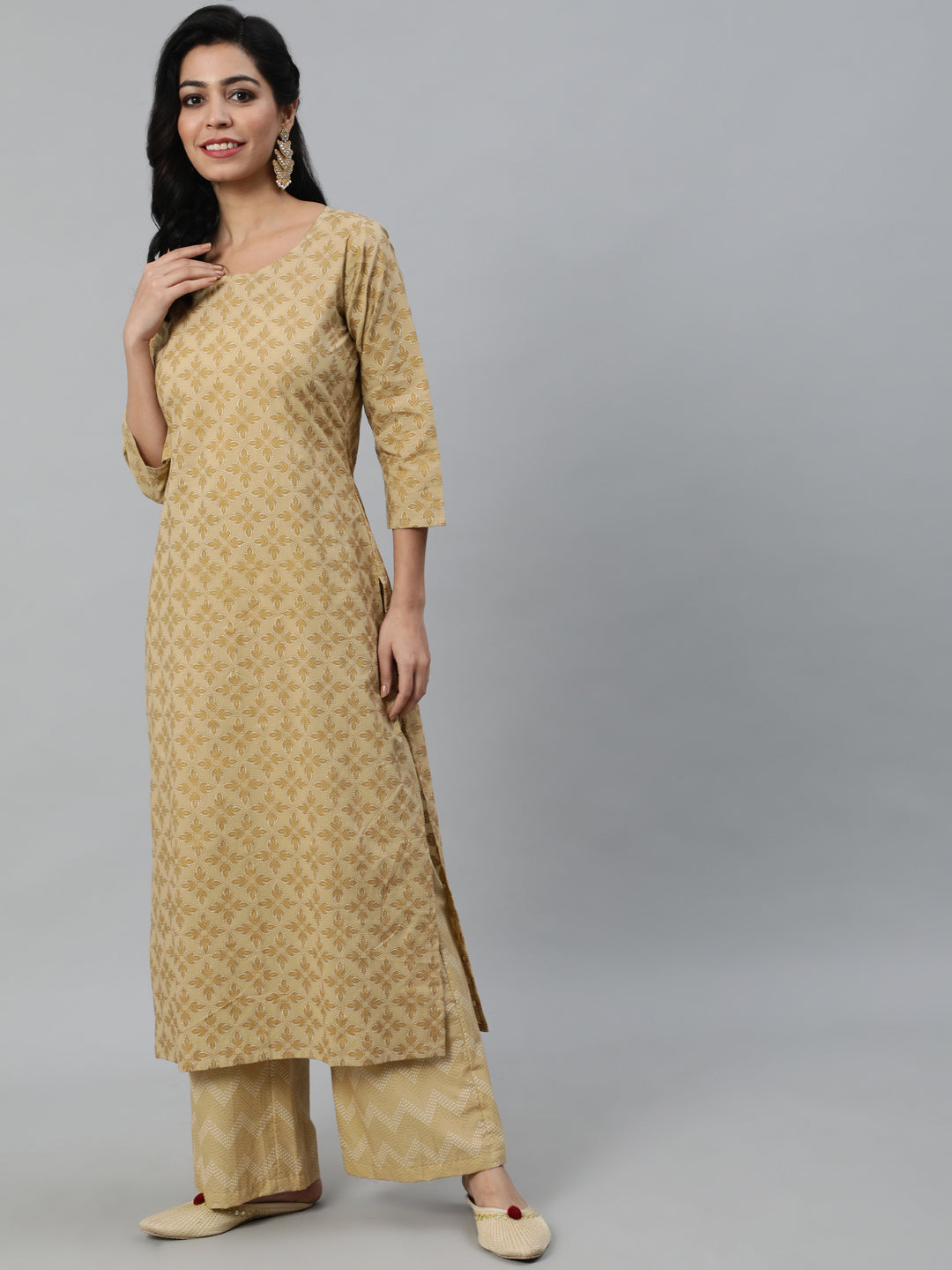 Women Beige Printed Straight Kurta With Plazo | LASVINI - Redefining Indian Fashion with Elegance