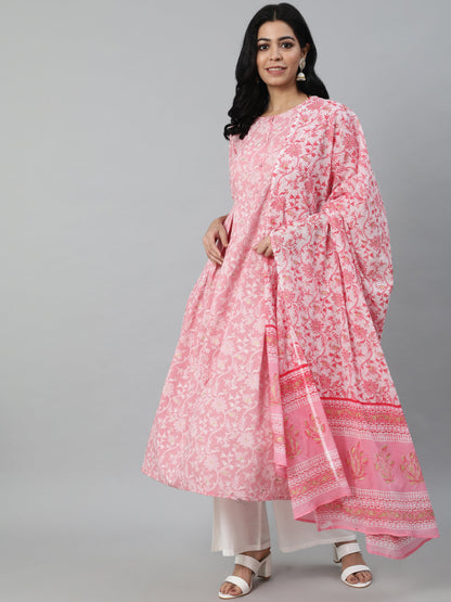 Women Pink Printed Flared Kurta With Trouser & Dupatta | LASVINI - Redefining Indian Fashion with Elegance