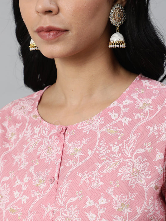 Women Pink Printed Flared Kurta With Trouser & Dupatta | LASVINI - Redefining Indian Fashion with Elegance