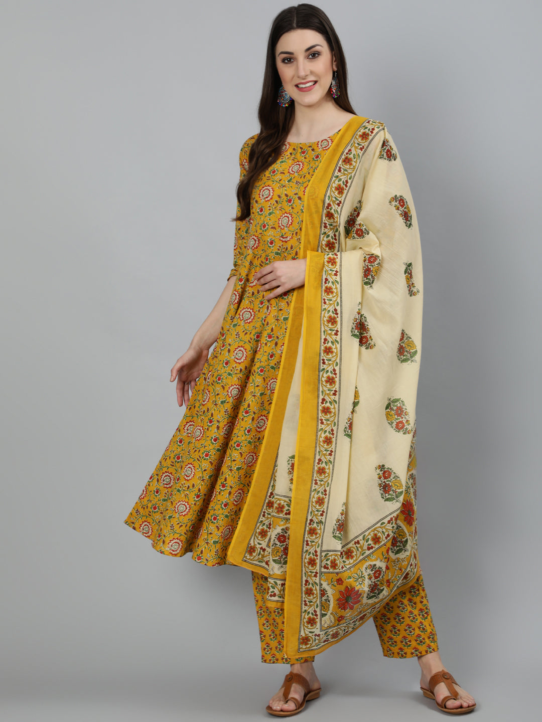Women Mustard Printed Flared Kurta With Trouser & Dupatta | LASVINI - Redefining Indian Fashion with Elegance