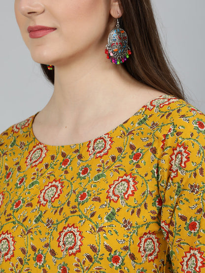Women Mustard Printed Flared Kurta With Trouser & Dupatta | LASVINI - Redefining Indian Fashion with Elegance