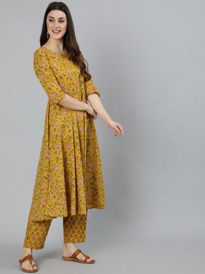 Women Mustard Printed Flared Kurta With Trouser & Dupatta | LASVINI - Redefining Indian Fashion with Elegance