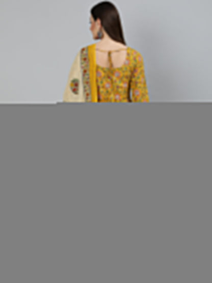 Women Mustard Printed Flared Kurta With Trouser & Dupatta | LASVINI - Redefining Indian Fashion with Elegance