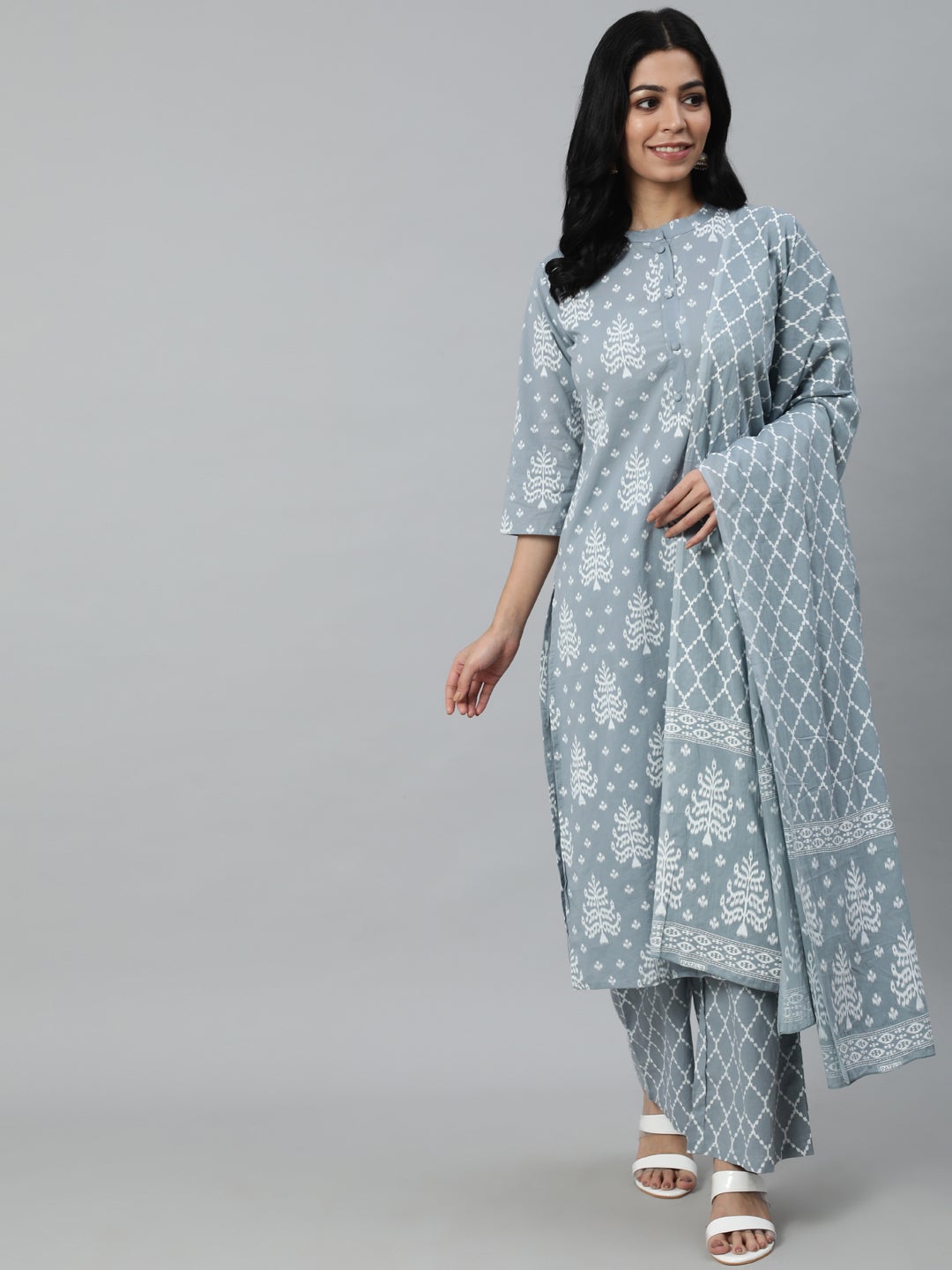 Women Grey Paisley Printed Panelled Pure Cotton Kurta With Trouser & Dupatta | LASVINI - Redefining Indian Fashion with Elegance