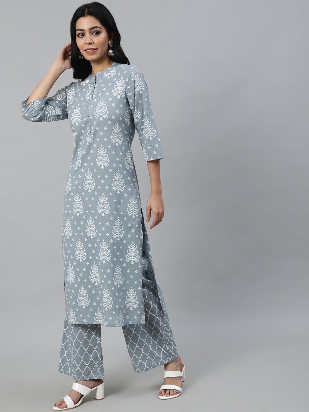 Women Grey Paisley Printed Panelled Pure Cotton Kurta With Trouser & Dupatta | LASVINI - Redefining Indian Fashion with Elegance