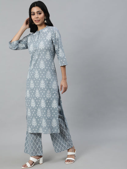 Women Grey Paisley Printed Panelled Pure Cotton Kurta With Trouser & Dupatta | LASVINI - Redefining Indian Fashion with Elegance