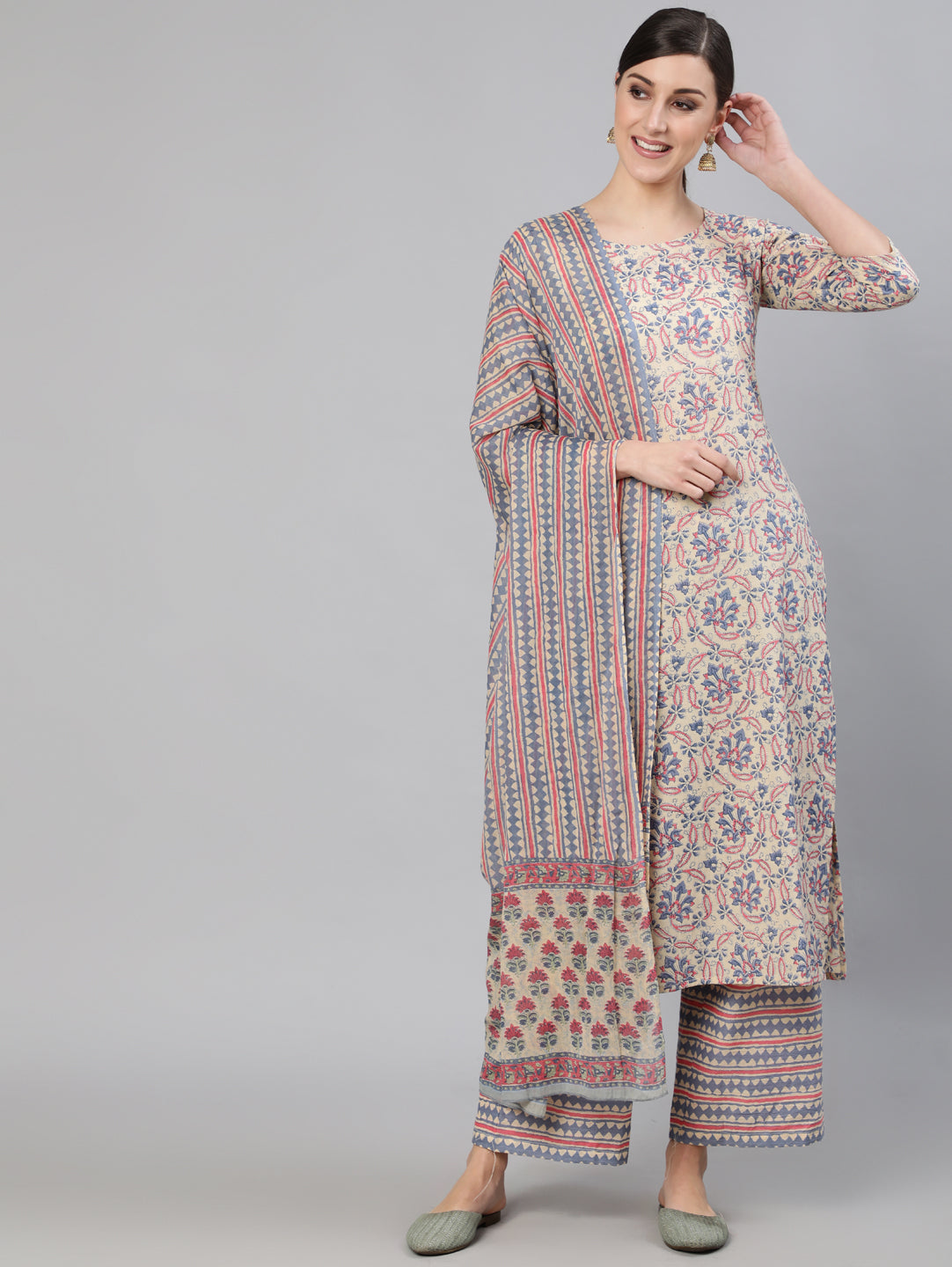 Women Cream Ethnic Prnited Kurta With Palazzo And Dupatta | LASVINI - Redefining Indian Fashion with Elegance