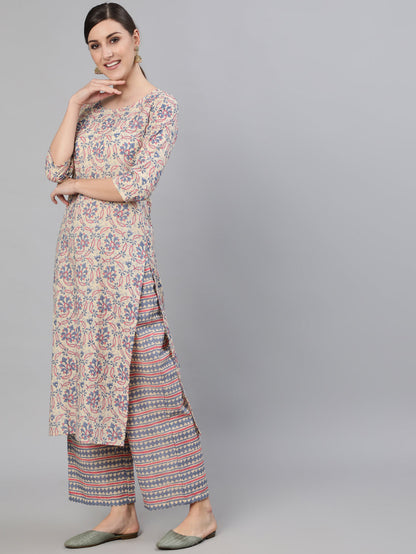 Women Cream Ethnic Prnited Kurta With Palazzo And Dupatta | LASVINI - Redefining Indian Fashion with Elegance