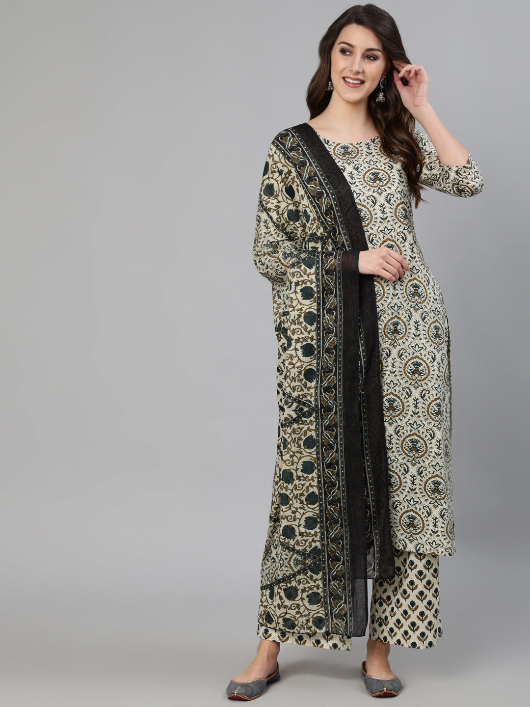 Women Off White Ethnic Motif Printed Kurta With Palzzo And Dupatta | LASVINI - Redefining Indian Fashion with Elegance