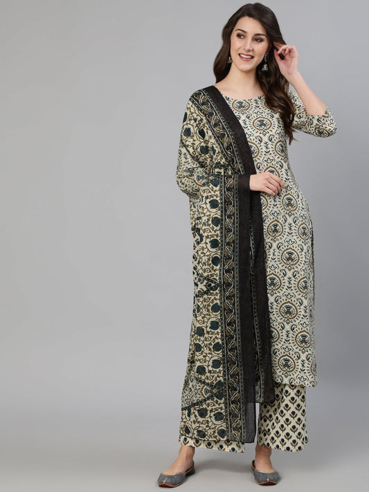 Women Off White Ethnic Motif Printed Kurta With Palzzo And Dupatta | LASVINI - Redefining Indian Fashion with Elegance