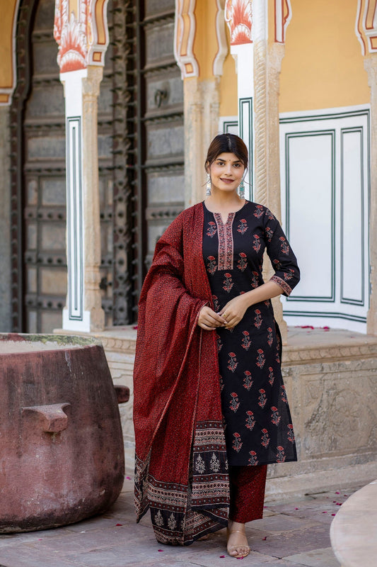 Women Black & Maroon Floral Printed Straight Kurta With Palzzo And Dupatta | LASVINI - Redefining Indian Fashion with Elegance