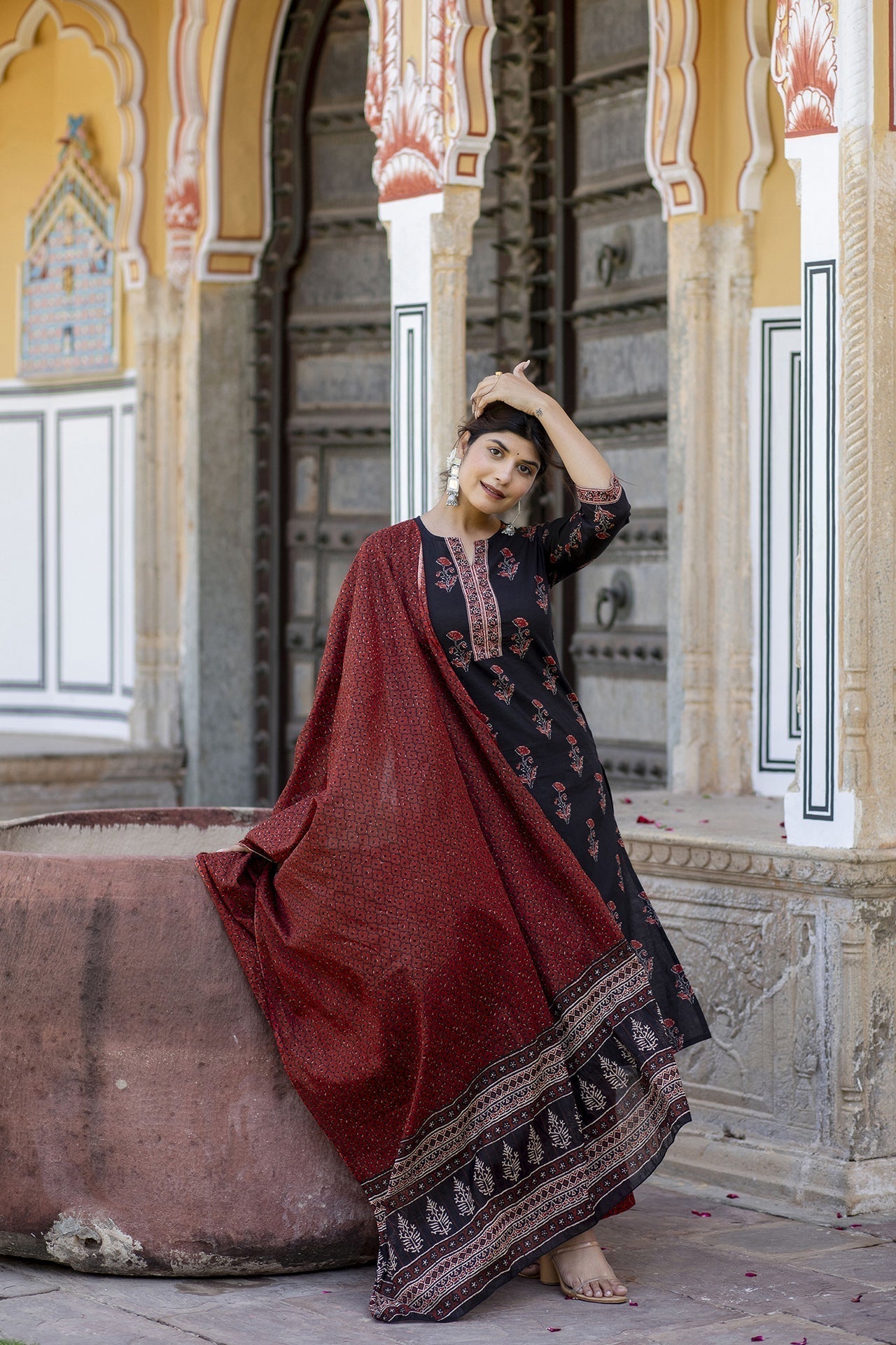 Women Black & Maroon Floral Printed Straight Kurta With Palzzo And Dupatta | LASVINI - Redefining Indian Fashion with Elegance
