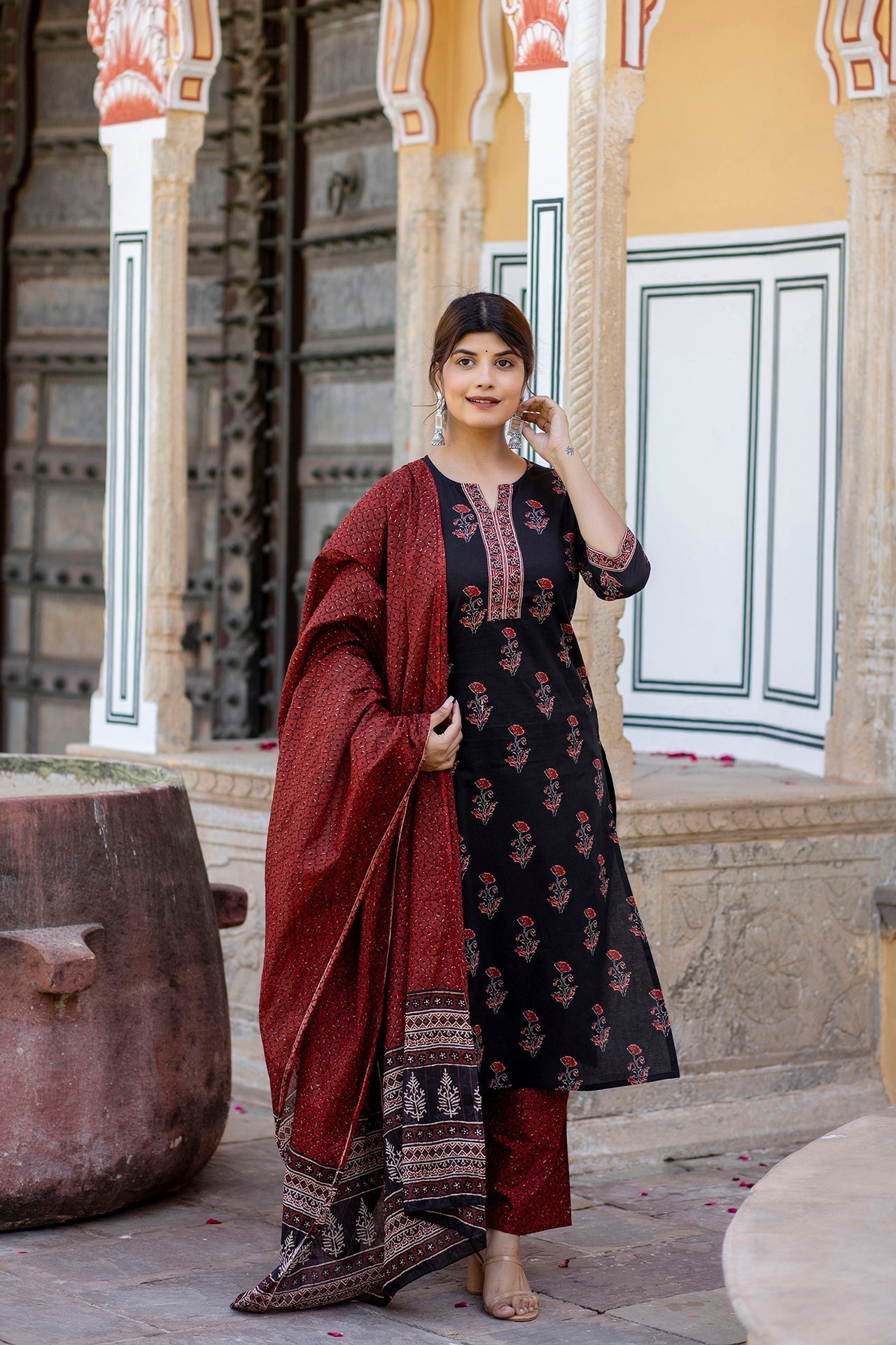 Women Black & Maroon Floral Printed Straight Kurta With Palzzo And Dupatta | LASVINI - Redefining Indian Fashion with Elegance