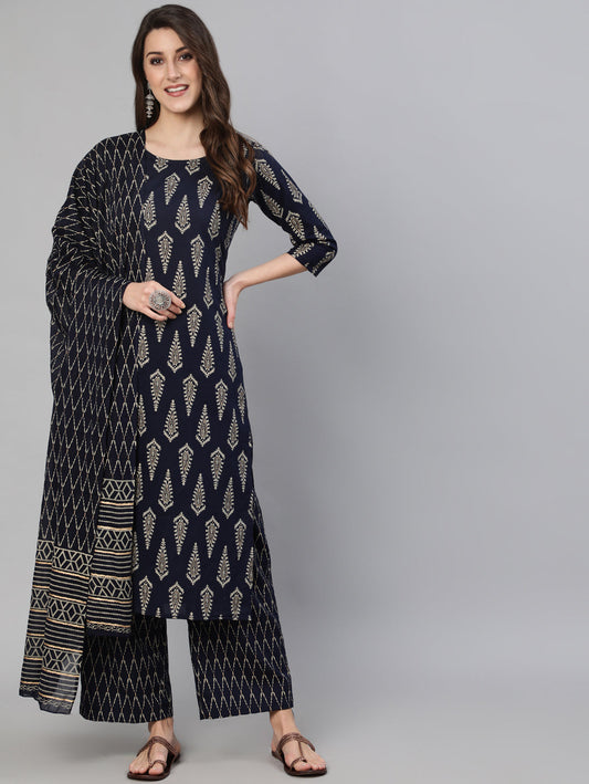 Women Navy Blue & Gold Printed Straight Kurta With Plazo & Dupatta | LASVINI - Redefining Indian Fashion with Elegance