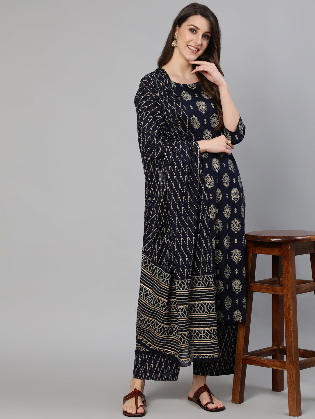 Women Navy Blue & Gold Printed Straight Kurta With Plazo & Dupatta | LASVINI - Redefining Indian Fashion with Elegance