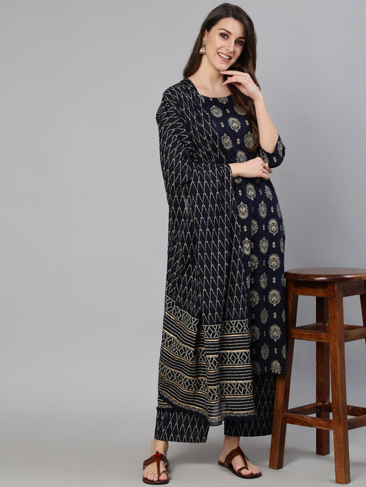 Women Navy Blue & Gold Printed Straight Kurta With Plazo & Dupatta | LASVINI - Redefining Indian Fashion with Elegance