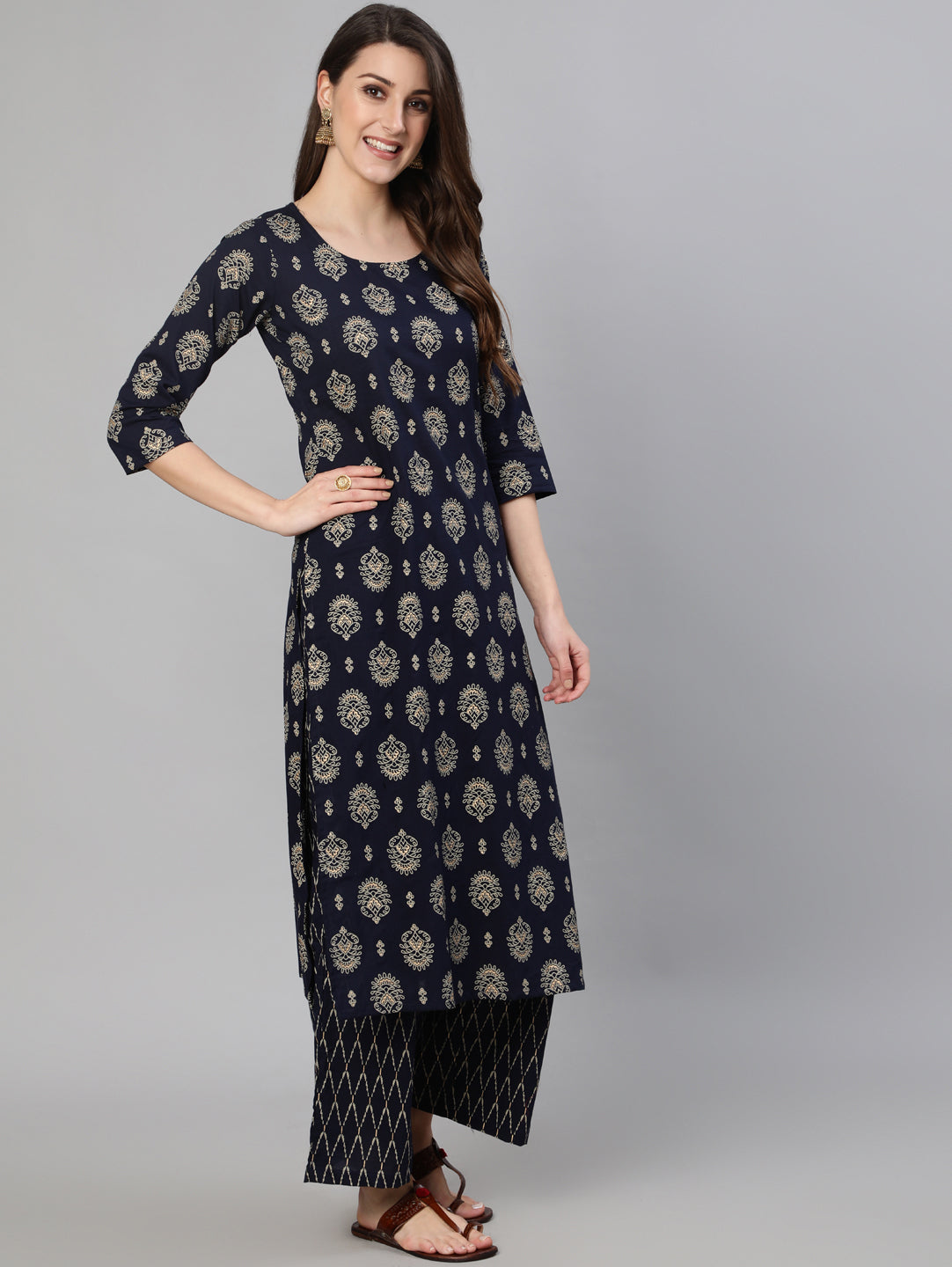 Women Navy Blue & Gold Printed Straight Kurta With Plazo & Dupatta | LASVINI - Redefining Indian Fashion with Elegance