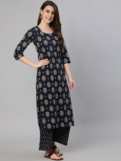 Women Navy Blue & Gold Printed Straight Kurta With Plazo & Dupatta | LASVINI - Redefining Indian Fashion with Elegance