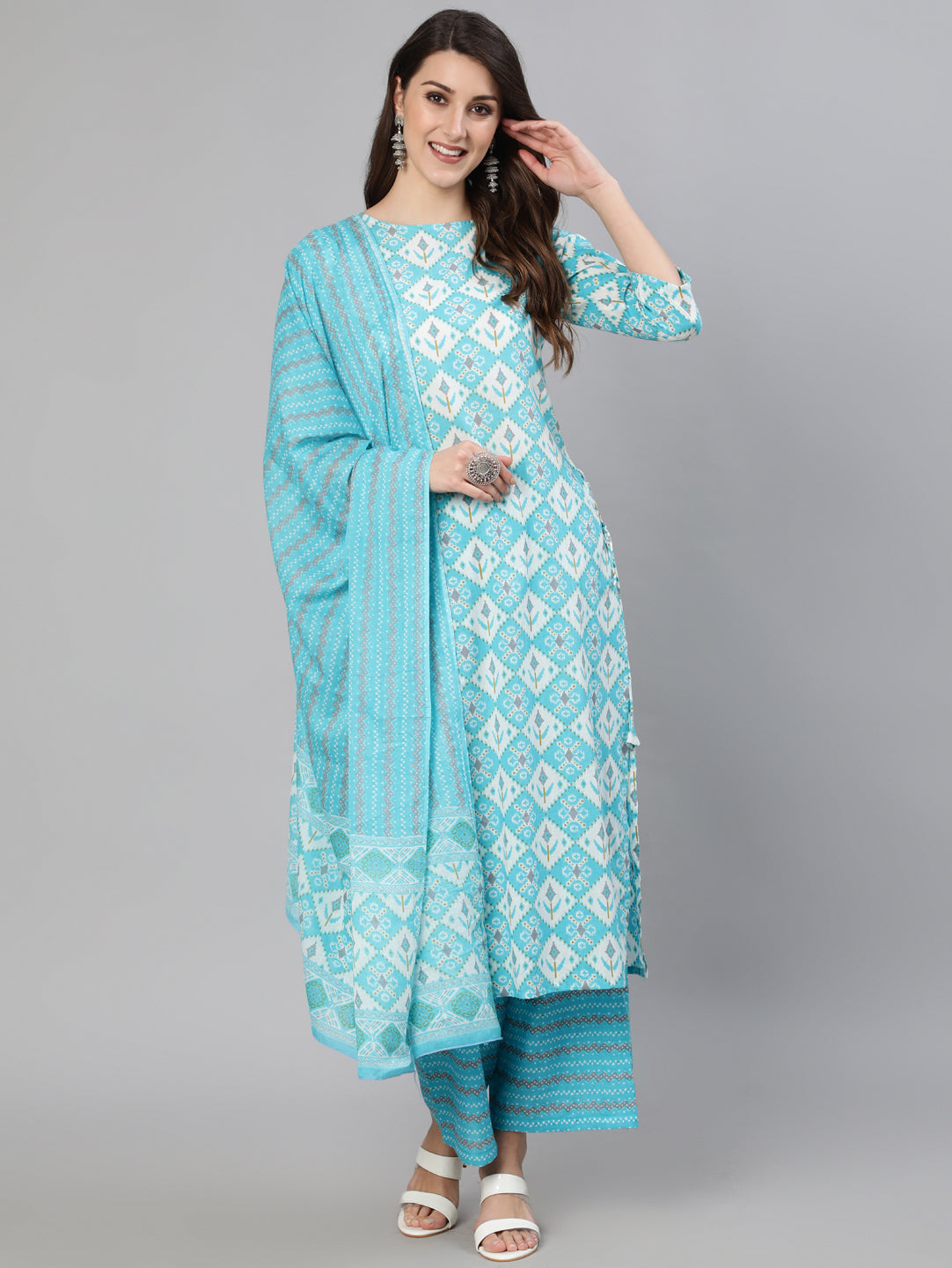 Women Blue & Off White Printed Kurta With Plazo & Dupatta | LASVINI - Redefining Indian Fashion with Elegance