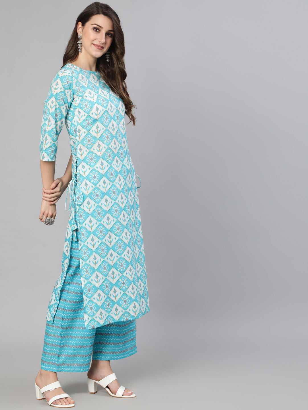 Women Blue & Off White Printed Kurta With Plazo & Dupatta | LASVINI - Redefining Indian Fashion with Elegance