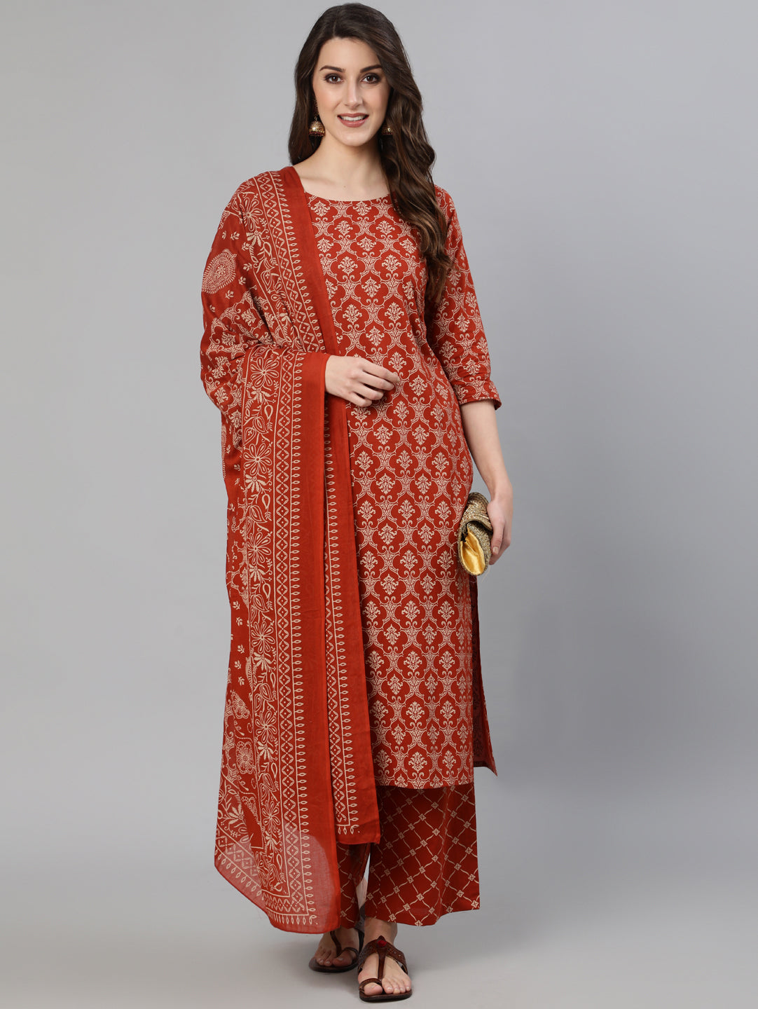Women Rust Ethnic Printed Straight Kurta With Palazzo And Dupatta | LASVINI - Redefining Indian Fashion with Elegance