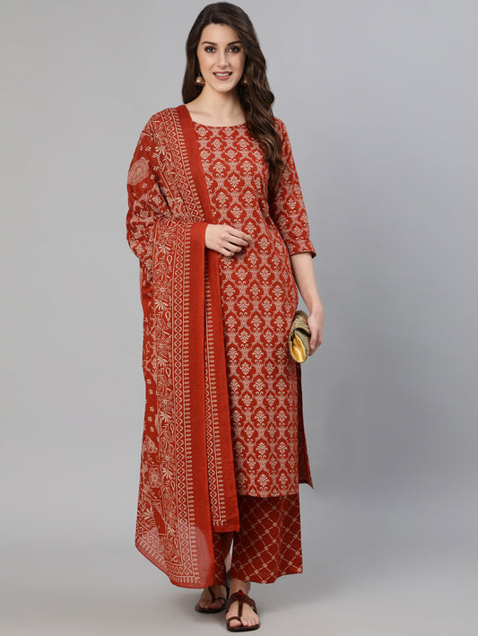 Women Rust Ethnic Printed Straight Kurta With Palazzo And Dupatta | LASVINI - Redefining Indian Fashion with Elegance