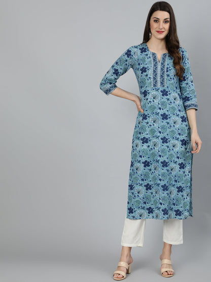 Women Blue Floral Printed Straight Kurta With Three Quarter Sleeves | LASVINI - Redefining Indian Fashion with Elegance