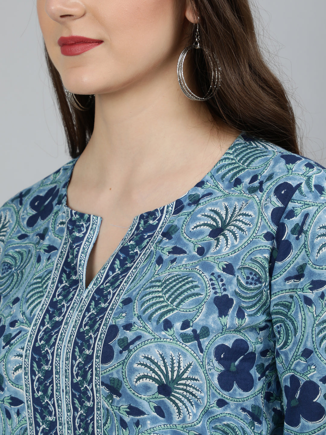 Women Blue Floral Printed Straight Kurta With Three Quarter Sleeves | LASVINI - Redefining Indian Fashion with Elegance