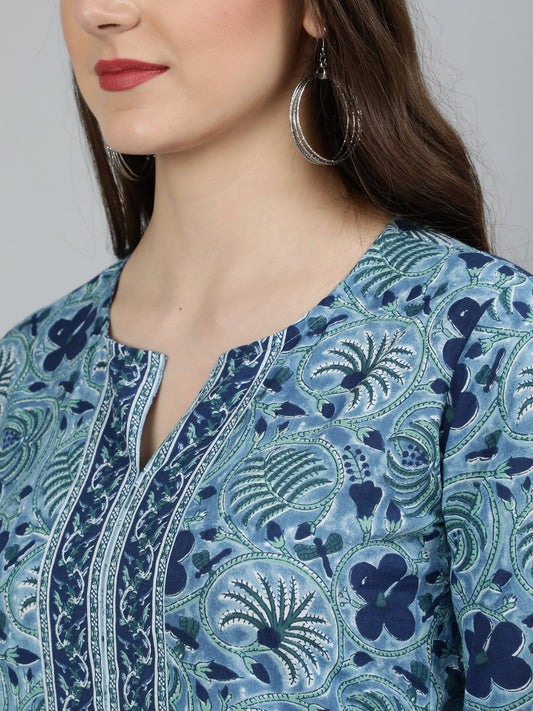 Women Blue Floral Printed Straight Kurta With Three Quarter Sleeves | LASVINI - Redefining Indian Fashion with Elegance