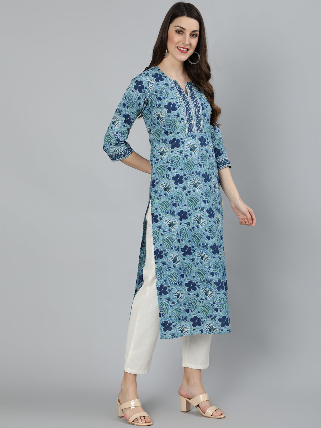 Women Blue Floral Printed Straight Kurta With Three Quarter Sleeves | LASVINI - Redefining Indian Fashion with Elegance