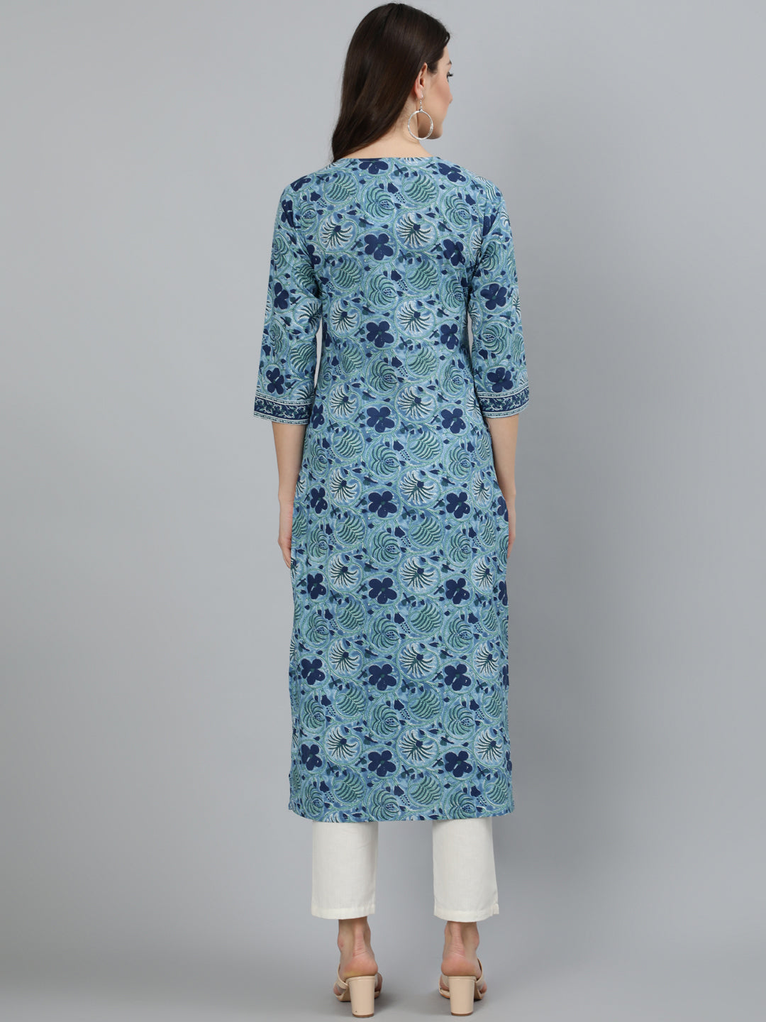 Women Blue Floral Printed Straight Kurta With Three Quarter Sleeves | LASVINI - Redefining Indian Fashion with Elegance