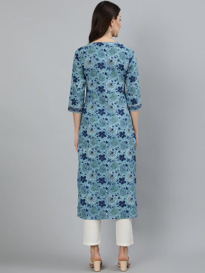 Women Blue Floral Printed Straight Kurta With Three Quarter Sleeves | LASVINI - Redefining Indian Fashion with Elegance