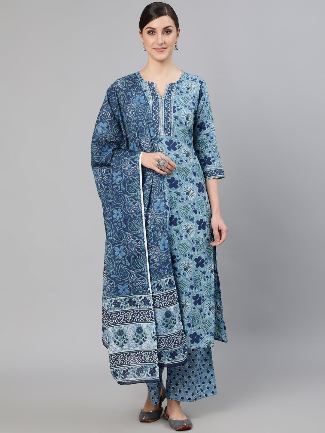 Women Blue Printed Straight Kurta With Plazo & Dupatta | LASVINI - Redefining Indian Fashion with Elegance
