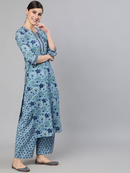 Women Blue Printed Straight Kurta With Plazo & Dupatta | LASVINI - Redefining Indian Fashion with Elegance
