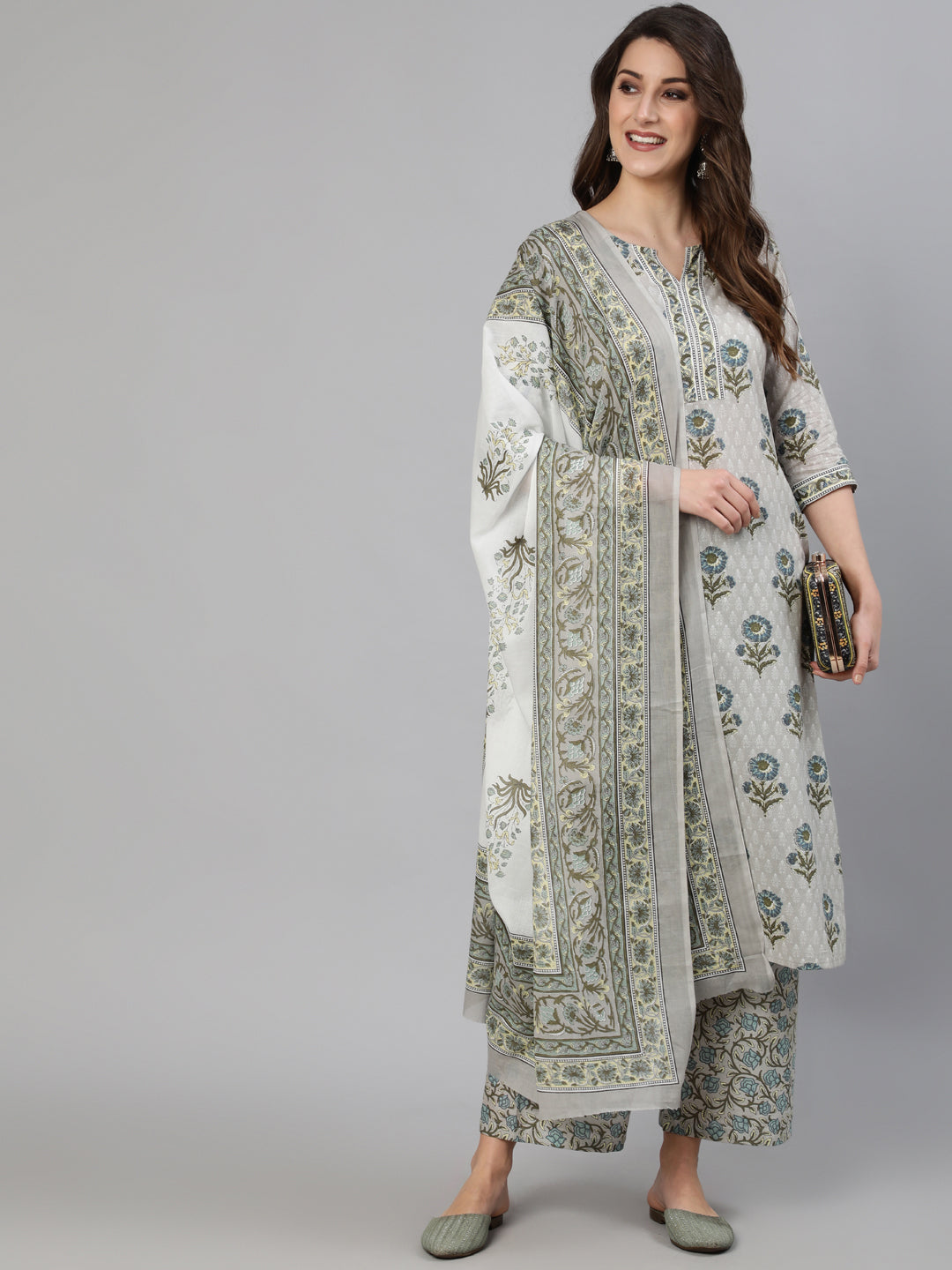 Women Grey Printed Kurta With Plazo & Dupatta | LASVINI - Redefining Indian Fashion with Elegance