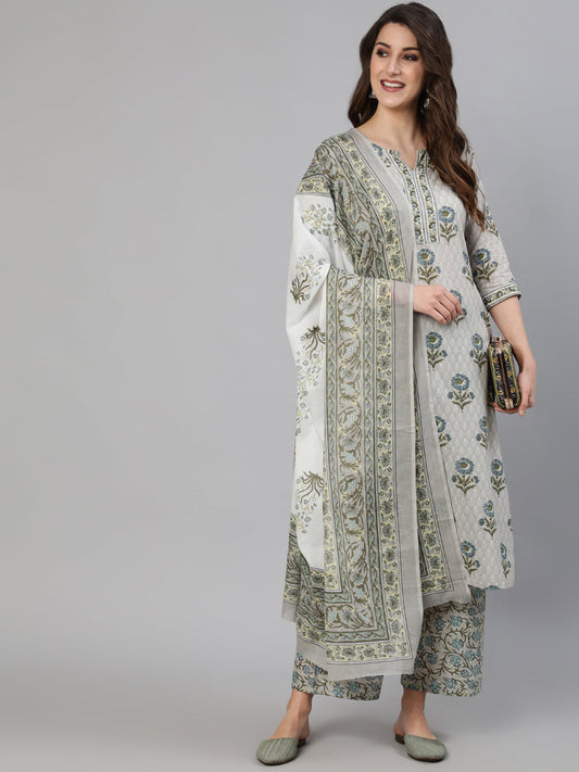 Women Grey Printed Kurta With Plazo & Dupatta | LASVINI - Redefining Indian Fashion with Elegance