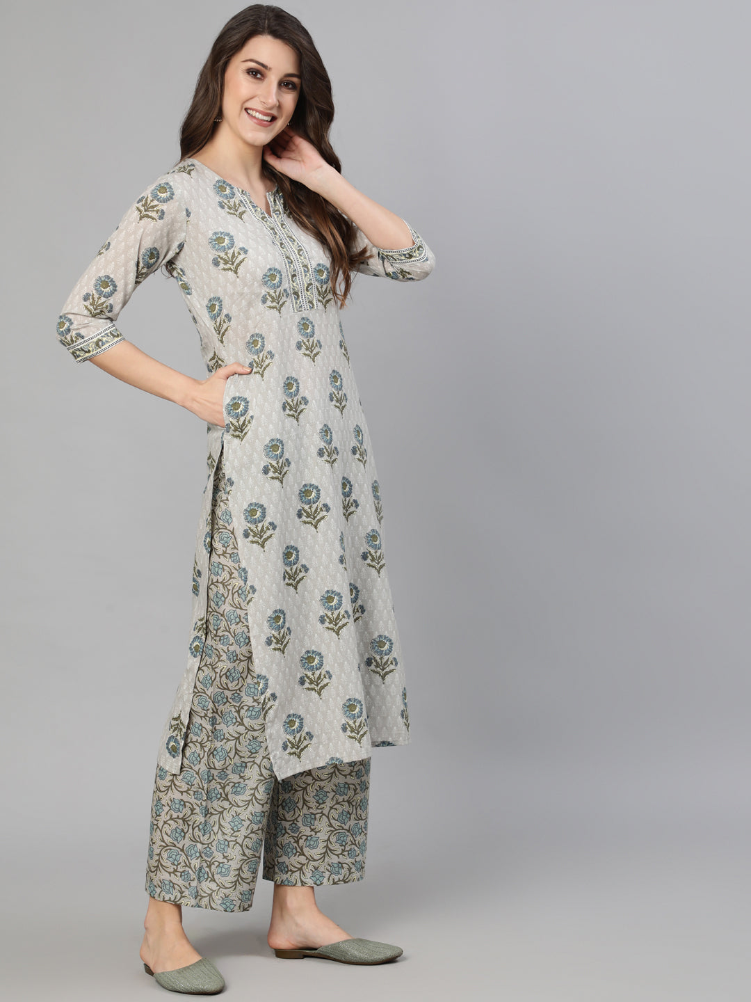 Women Grey Printed Kurta With Plazo & Dupatta | LASVINI - Redefining Indian Fashion with Elegance
