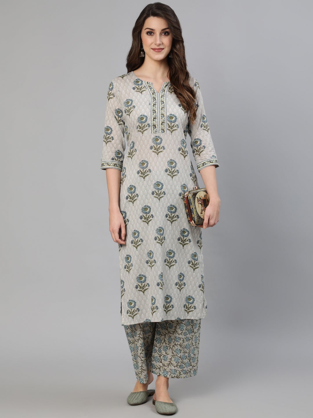 Women Grey Floral Printed  Straight Kurta With One Side Pocket | LASVINI - Redefining Indian Fashion with Elegance