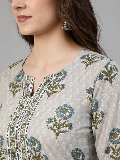 Women Grey Floral Printed  Straight Kurta With One Side Pocket | LASVINI - Redefining Indian Fashion with Elegance
