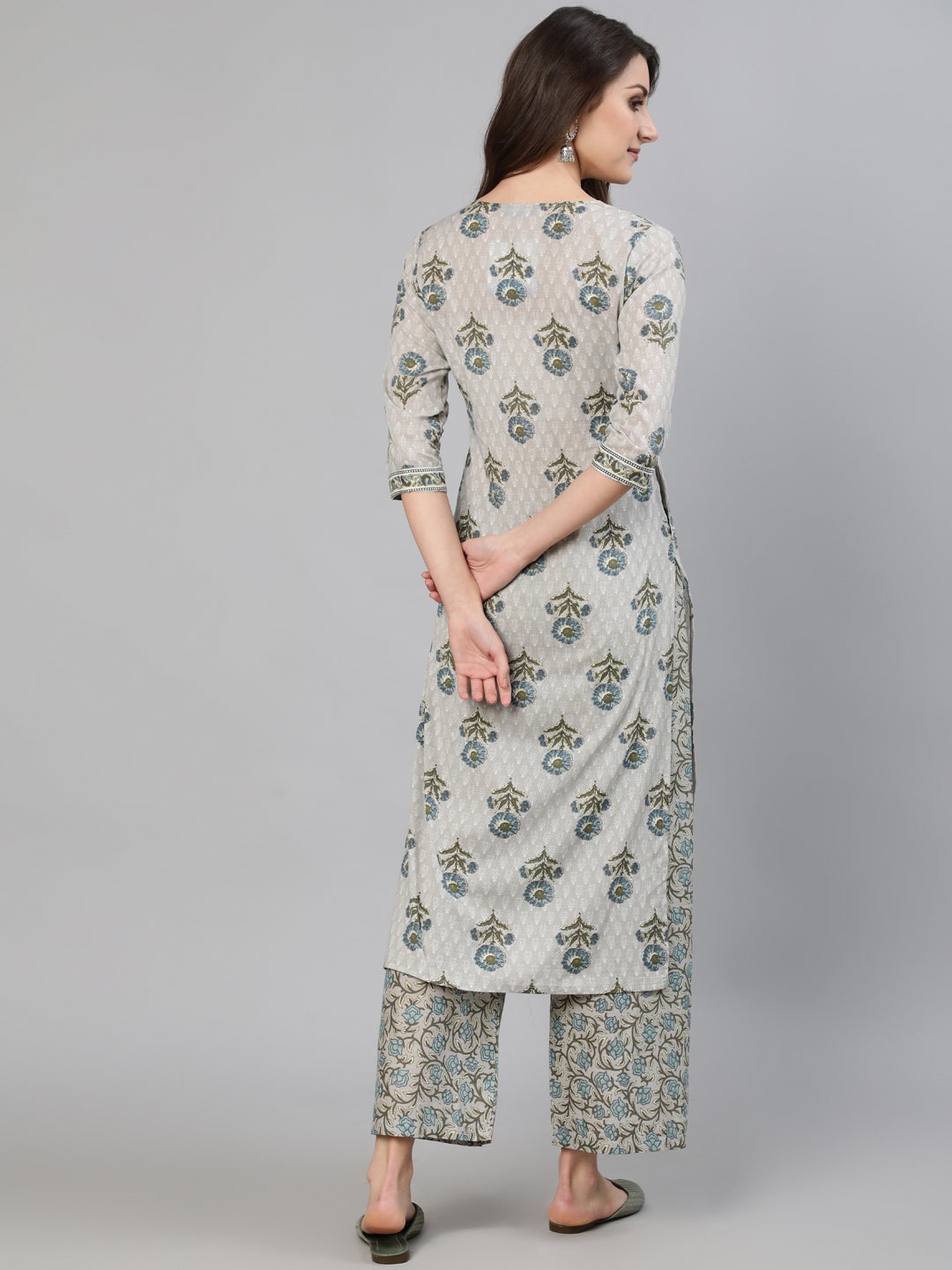 Women Grey Floral Printed  Straight Kurta With One Side Pocket | LASVINI - Redefining Indian Fashion with Elegance