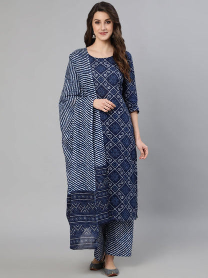 Women Navy Blue Bandhani Printed Straight Kurta With Dupatta And Palazzos | LASVINI - Redefining Indian Fashion with Elegance