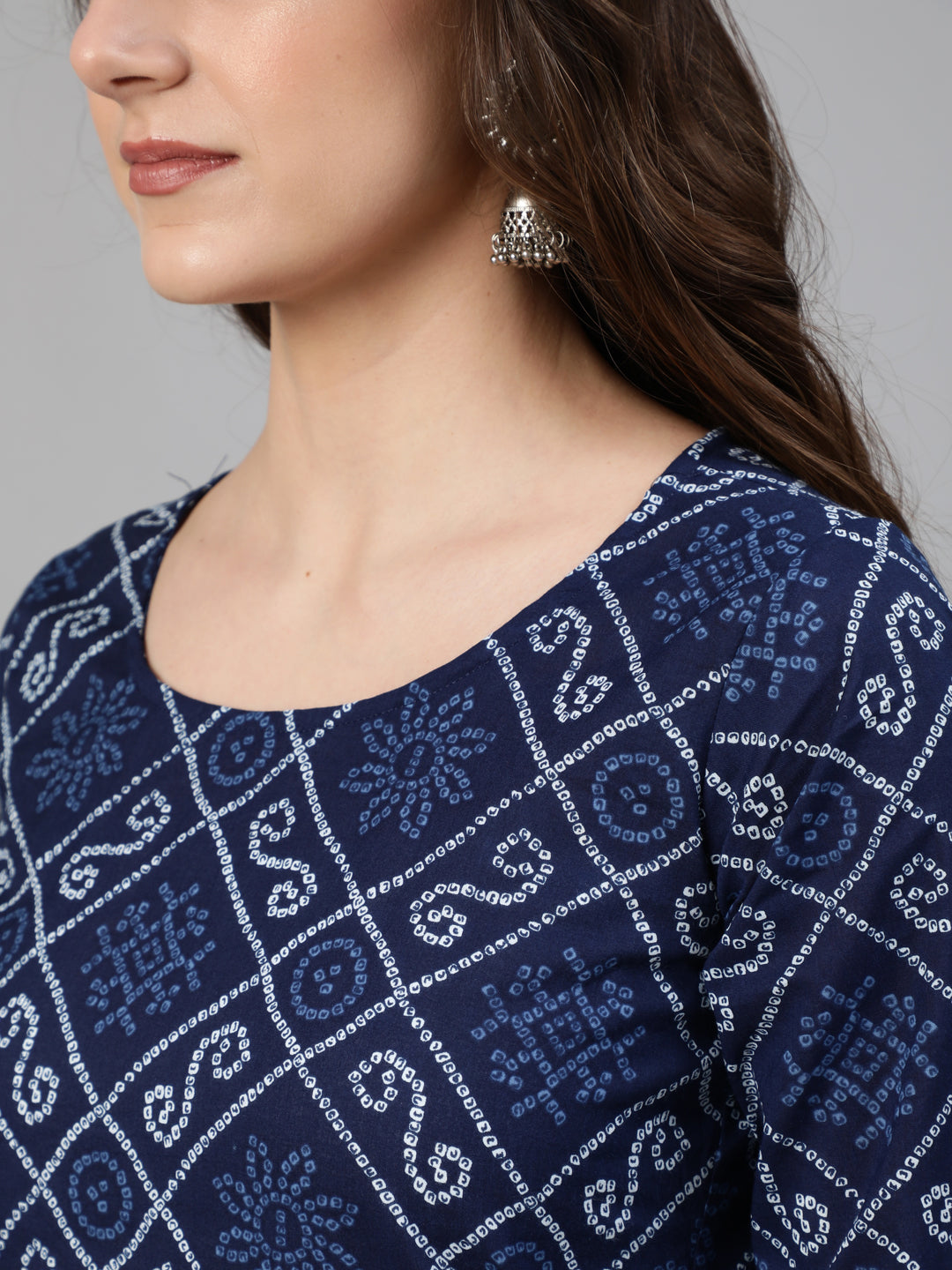 Women Navy Blue Bandhani Printed Straight Kurta With Dupatta And Palazzos | LASVINI - Redefining Indian Fashion with Elegance