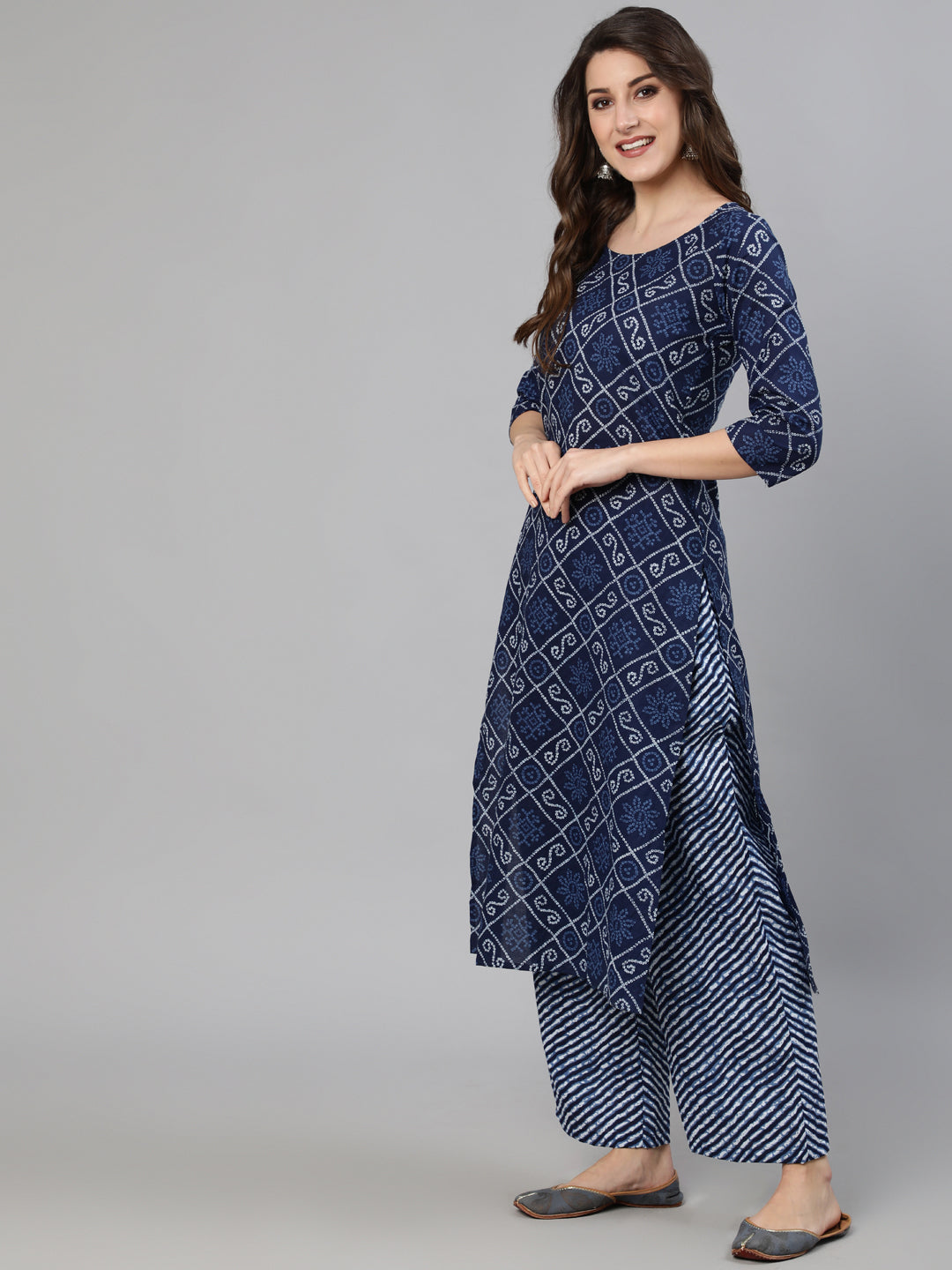 Women Navy Blue Bandhani Printed Straight Kurta With Dupatta And Palazzos | LASVINI - Redefining Indian Fashion with Elegance
