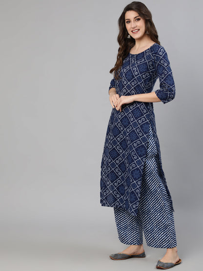Women Navy Blue Bandhani Printed Straight Kurta With Dupatta And Palazzos | LASVINI - Redefining Indian Fashion with Elegance
